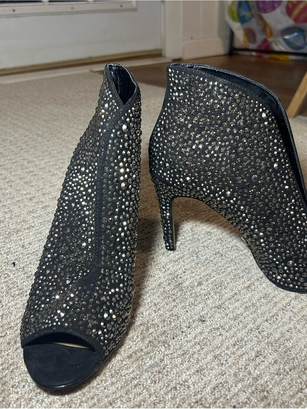 INC International Concepts Black Crystal-Studded Peep-Toe Ankle Boots